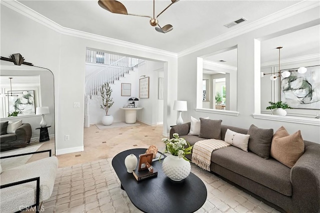 29125 Starwood Pl, Saugus, CA 91390 - living area featuring ornamental molding, a chandelier, and stairs