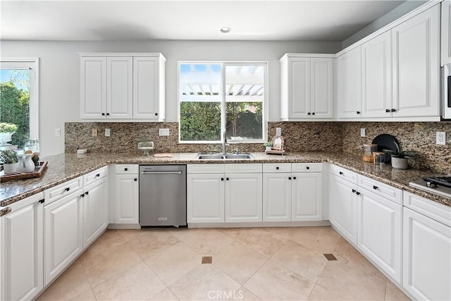 29125 Starwood Pl, Saugus, CA 91390 - kitchen featuring dishwasher, decorative backsplash, white cabinets, and stone countertops