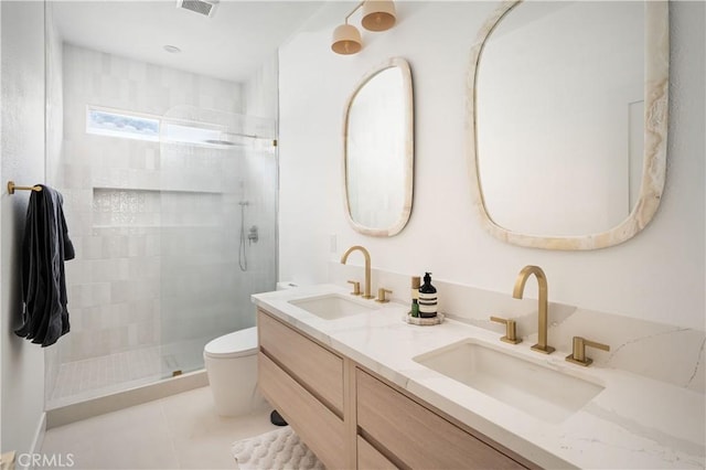 29125 Starwood Pl, Saugus, CA 91390 - full bath featuring tiled shower, double vanity, and tile patterned floors