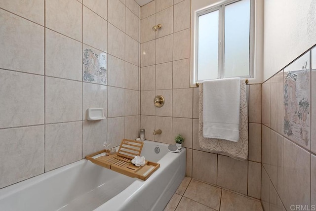 1153 Merritt Dr, El Cajon, CA 92020 - bathroom featuring tile walls, washtub / shower combination, and tile patterned flooring