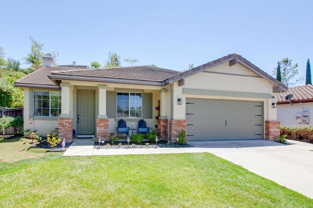 888 Arvita Ct, Oceanside, CA 92057 - view of front of home featuring brick siding, an attached garage, a front lawn, and a tiled roof