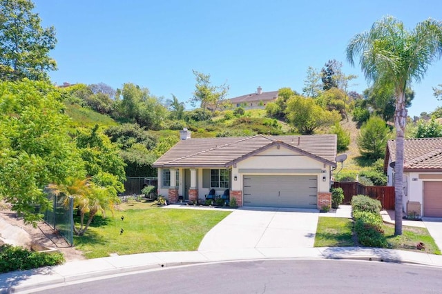888 Arvita Ct, Oceanside, CA 92057 - view of front facade with an attached garage, concrete driveway, a chimney, and a tile roof