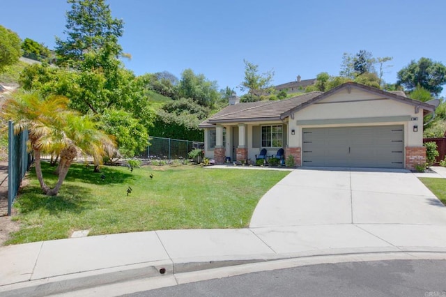 888 Arvita Ct, Oceanside, CA 92057 - view of front of property with an attached garage, driveway, brick siding, a chimney, and stucco siding