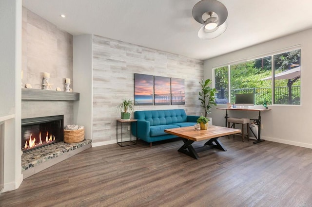 888 Arvita Ct, Oceanside, CA 92057 - living area with an accent wall, wood finished floors, a fireplace, and recessed lighting