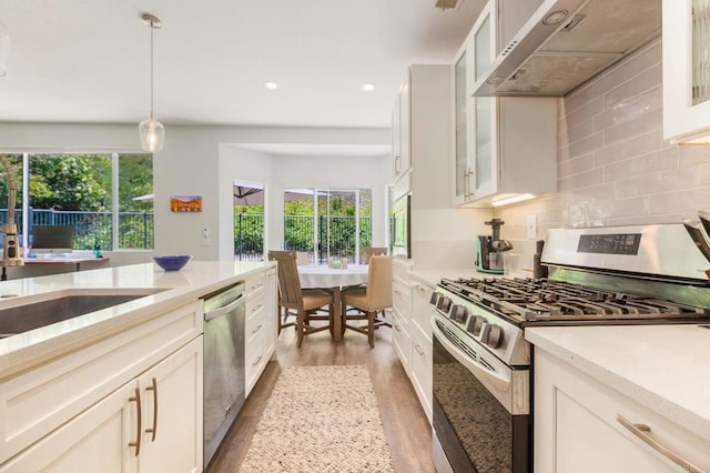 888 Arvita Ct, Oceanside, CA 92057 - kitchen featuring stainless steel appliances, exhaust hood, light wood-type flooring, backsplash, and pendant lighting