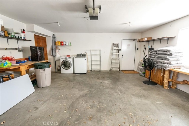 915 Breithorn Dr, Lake Arrowhead, CA 92352 - garage featuring a workshop area, washing machine and dryer, and a garage door opener