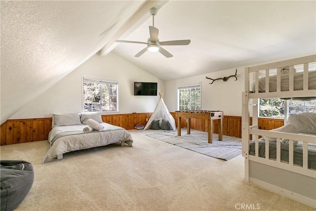 915 Breithorn Dr, Lake Arrowhead, CA 92352 - bedroom featuring carpet flooring, wooden walls, a wainscoted wall, and ceiling fan