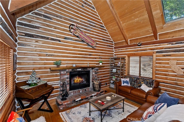 788 Buckingham Sq, Lake Arrowhead, CA 92352 - living area featuring wood-type flooring, log walls, vaulted ceiling, wood ceiling, and a fireplace
