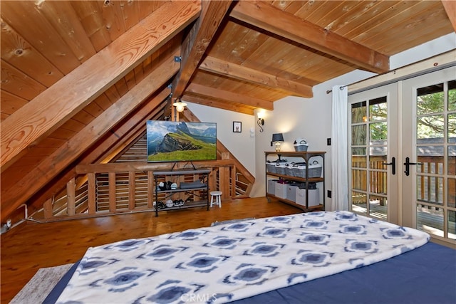 788 Buckingham Sq, Lake Arrowhead, CA 92352 - bedroom with wooden ceiling, access to exterior, wood finished floors, and french doors