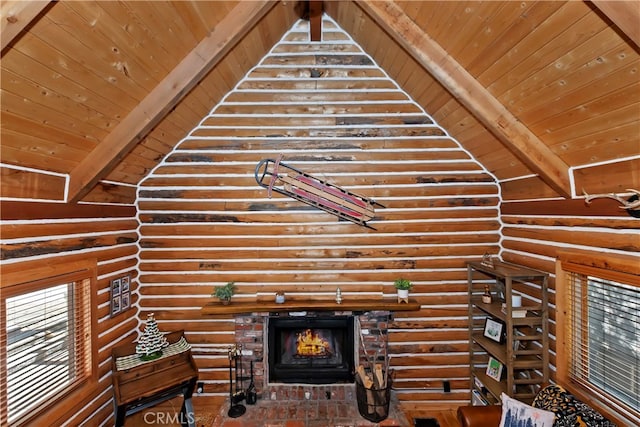 788 Buckingham Sq, Lake Arrowhead, CA 92352 - unfurnished living room featuring wood ceiling, log walls, and a brick fireplace