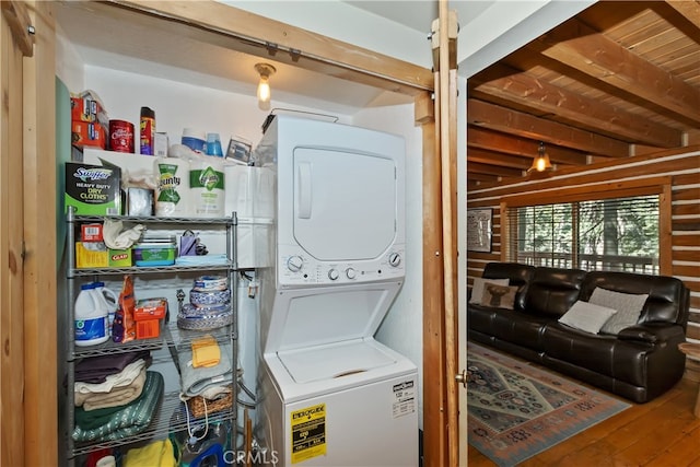 788 Buckingham Sq, Lake Arrowhead, CA 92352 - laundry area with stacked washer / drying machine, wood finished floors, and wood ceiling