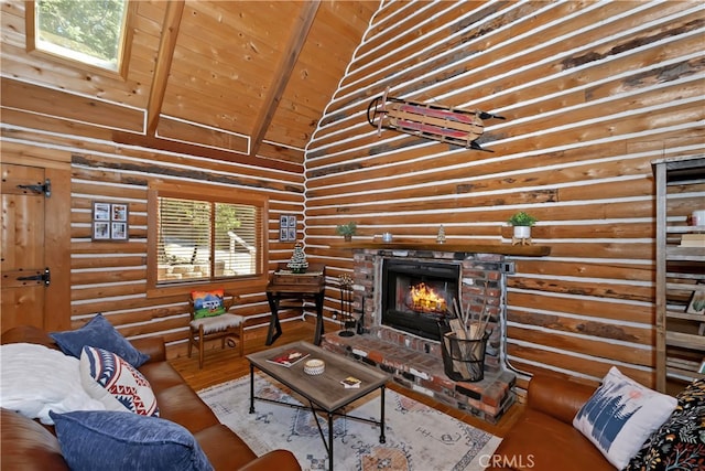 788 Buckingham Sq, Lake Arrowhead, CA 92352 - living area featuring rustic walls, wood finished floors, a wooden ceiling with exposed beams, high vaulted ceiling, and a fireplace