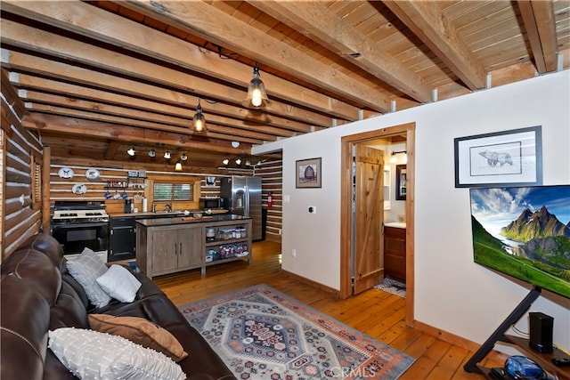 788 Buckingham Sq, Lake Arrowhead, CA 92352 - living area featuring wood-type flooring and a wood ceiling with exposed beams