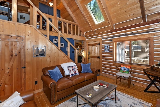 788 Buckingham Sq, Lake Arrowhead, CA 92352 - living room featuring a wooden ceiling with exposed beams, log walls, hardwood / wood-style flooring, high vaulted ceiling, and a skylight