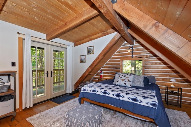 788 Buckingham Sq, Lake Arrowhead, CA 92352 - bedroom featuring wooden ceiling, hardwood / wood-style flooring, access to exterior, french doors, and rustic walls