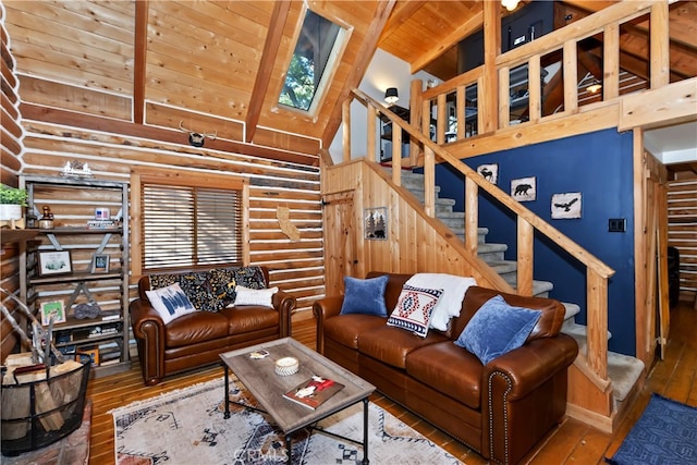 788 Buckingham Sq, Lake Arrowhead, CA 92352 - living area featuring a wood ceiling with exposed beams, log walls, wood-type flooring, stairway, and high vaulted ceiling