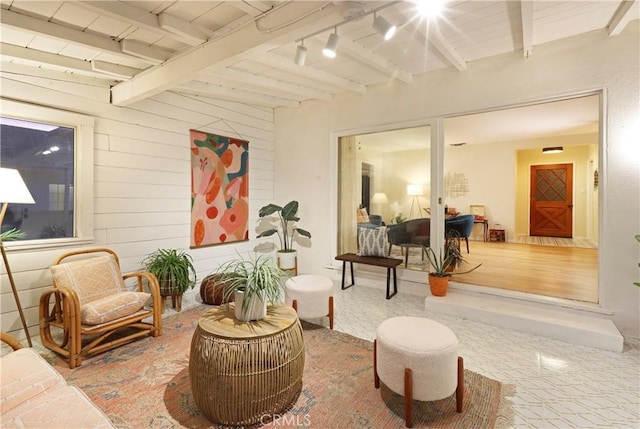 8220 Owens St, Sunland, CA 91040 - living area with beamed ceiling, rail lighting, and wooden walls