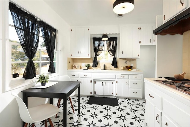 8220 Owens St, Sunland, CA 91040 - kitchen featuring under cabinet range hood, light countertops, white cabinets, and light flooring