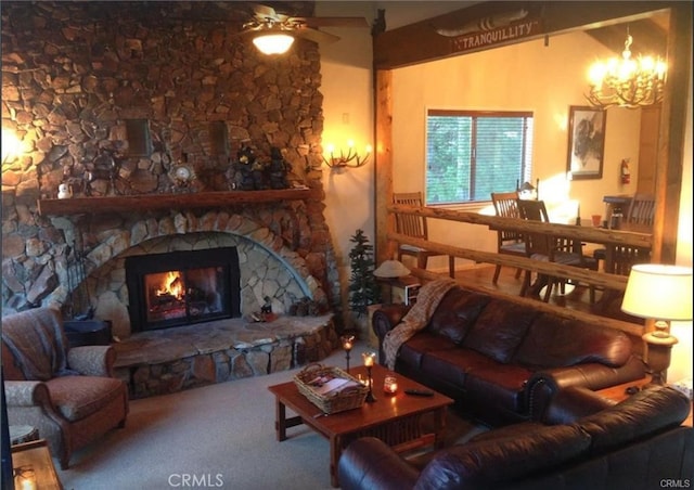 847 Tehama Dr, Big Bear Lake, CA 92315 - living area featuring carpet, a chandelier, a fireplace, and ceiling fan