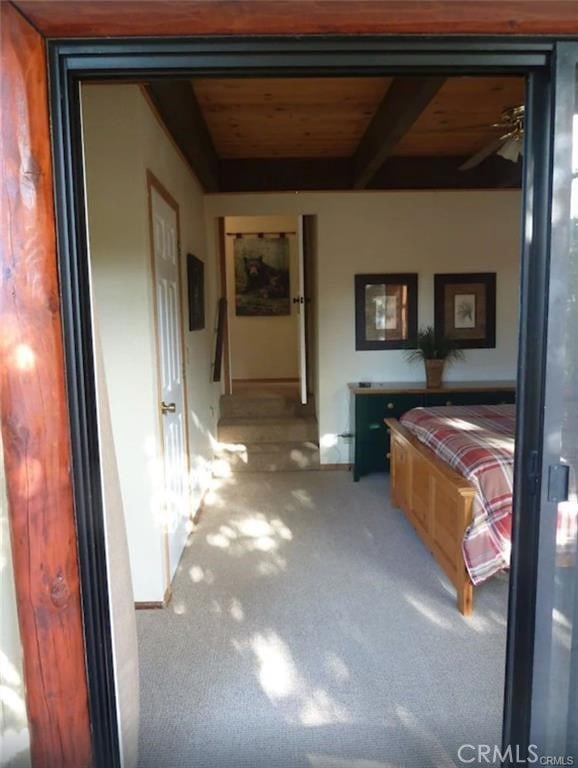 847 Tehama Dr, Big Bear Lake, CA 92315 - corridor featuring carpet floors and a wood ceiling with exposed beams