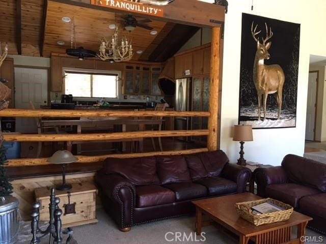 847 Tehama Dr, Big Bear Lake, CA 92315 - living area featuring wooden ceiling, ceiling fan, and lofted ceiling