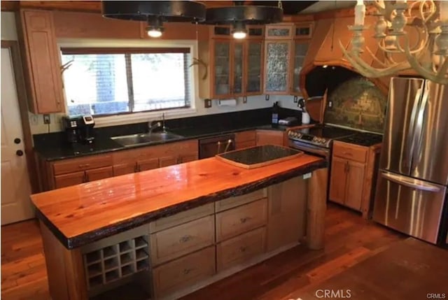 847 Tehama Dr, Big Bear Lake, CA 92315 - kitchen with freestanding refrigerator, dishwasher, dark wood-style flooring, and wooden counters