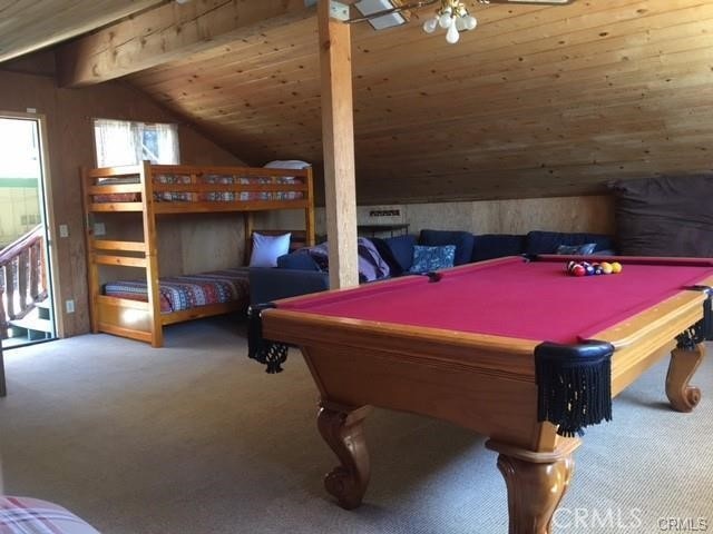 847 Tehama Dr, Big Bear Lake, CA 92315 - game room with carpet flooring, lofted ceiling, wood ceiling, and billiards