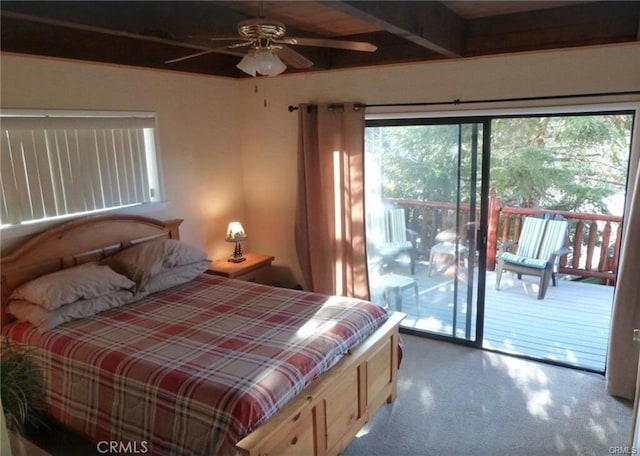 847 Tehama Dr, Big Bear Lake, CA 92315 - bedroom with access to outside, carpet floors, and ceiling fan