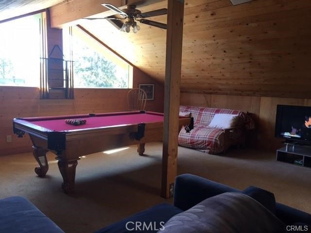 847 Tehama Dr, Big Bear Lake, CA 92315 - game room featuring carpet, billiards, ceiling fan, vaulted ceiling, and wooden walls