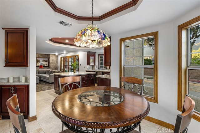 981 Deep Springs Dr, Claremont, CA 91711 - dining space featuring a raised ceiling and ornamental molding