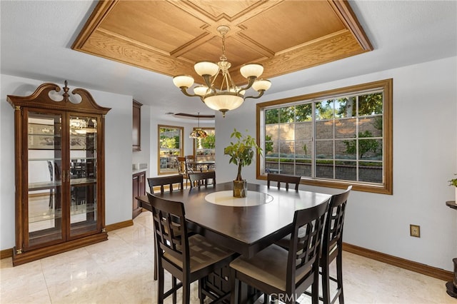 981 Deep Springs Dr, Claremont, CA 91711 - dining area featuring a chandelier and wood ceiling