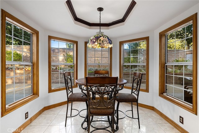 981 Deep Springs Dr, Claremont, CA 91711 - dining area with plenty of natural light, a raised ceiling, light tile patterned floors, and ornamental molding