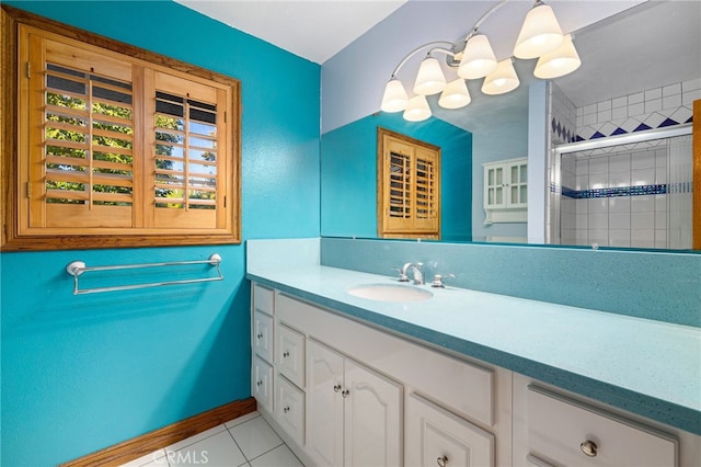 981 Deep Springs Dr, Claremont, CA 91711 - full bathroom with vanity, a shower stall, tile patterned flooring, and a chandelier