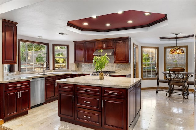 981 Deep Springs Dr, Claremont, CA 91711 - kitchen featuring dishwasher, reddish brown cabinets, a tray ceiling, backsplash, and ornamental molding