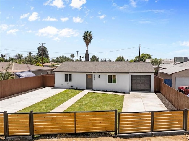 25415 Paloma Rd, San Bernardino, CA 92410 - single story home with driveway, a fenced front yard, a garage, and stucco siding