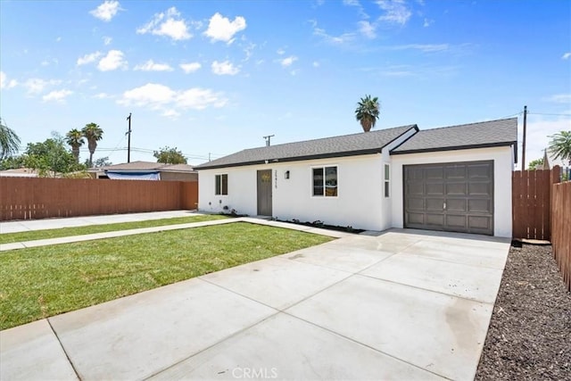 25415 Paloma Rd, San Bernardino, CA 92410 - ranch-style house with a garage, concrete driveway, stucco siding, and roof with shingles