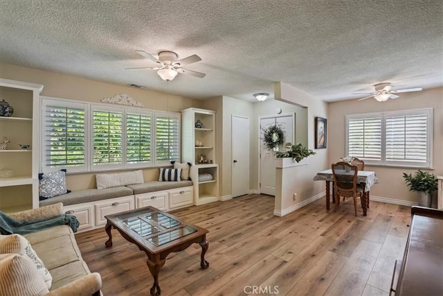 13239 Sayre St, Sylmar, CA 91342 - living area featuring a ceiling fan, a textured ceiling, light wood-style flooring, and built in features