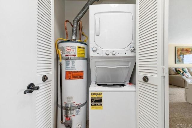 245 Fairlee Ln, Encinitas, CA 92024 - laundry area with secured water heater, stacked washer / dryer, and carpet flooring