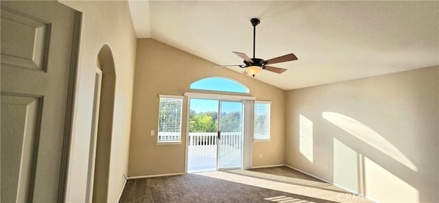 31864 Corte Montecito, Temecula, CA 92592 - unfurnished room with lofted ceiling, a ceiling fan, carpet flooring, and arched walkways