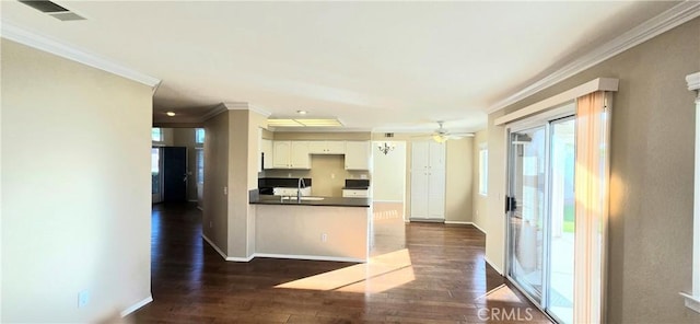31864 Corte Montecito, Temecula, CA 92592 - kitchen with ornamental molding, dark wood-style flooring, plenty of natural light, dark countertops, and white cabinets