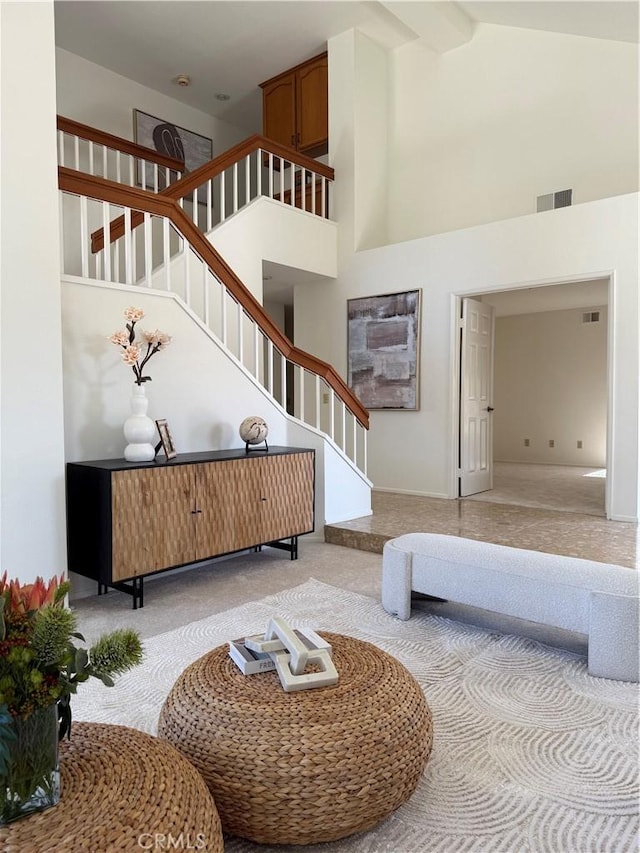 18 Decente, Irvine, CA 92614 - staircase with carpet flooring, high vaulted ceiling, and beamed ceiling