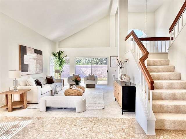 18 Decente, Irvine, CA 92614 - living area featuring high vaulted ceiling and stairway