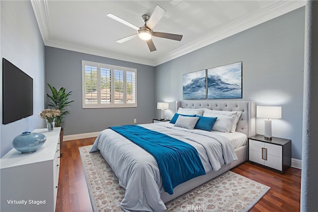 29 Hemingway Ct, Trabuco Canyon, CA 92679 - bedroom with ornamental molding, dark wood-style floors, and ceiling fan