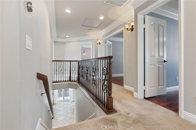 29 Hemingway Ct, Trabuco Canyon, CA 92679 - staircase with carpet floors, attic access, ornamental molding, and recessed lighting