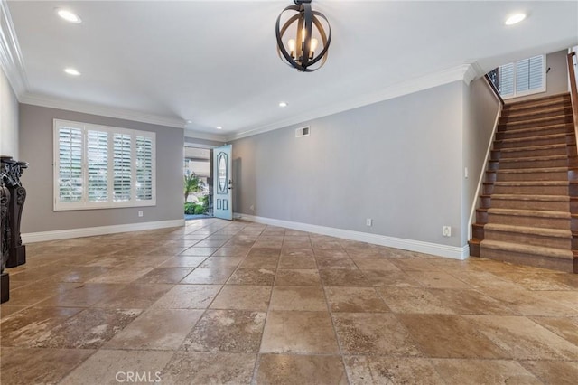 29 Hemingway Ct, Trabuco Canyon, CA 92679 - unfurnished living room featuring stone tile flooring, stairway, crown molding, a chandelier, and recessed lighting
