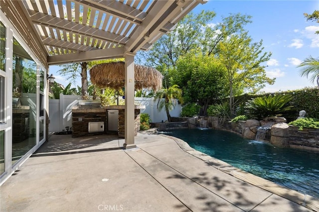 29 Hemingway Ct, Trabuco Canyon, CA 92679 - view of swimming pool with a fenced backyard, area for grilling, a patio, and a pergola