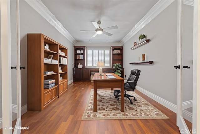 29 Hemingway Ct, Trabuco Canyon, CA 92679 - home office with a ceiling fan, wood finished floors, and ornamental molding
