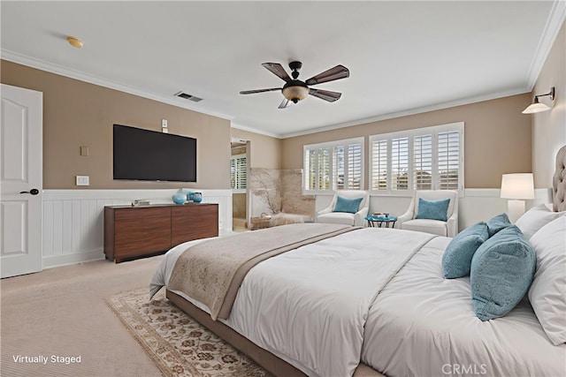 29 Hemingway Ct, Trabuco Canyon, CA 92679 - carpeted bedroom with a wainscoted wall, crown molding, and ceiling fan