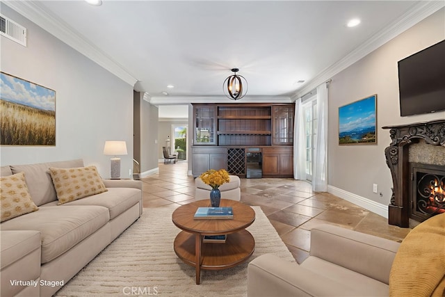 29 Hemingway Ct, Trabuco Canyon, CA 92679 - living room featuring crown molding, healthy amount of natural light, recessed lighting, a warm lit fireplace, and light tile patterned flooring