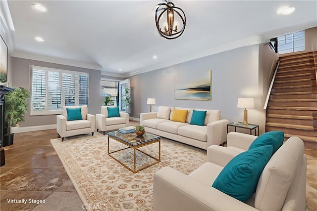 29 Hemingway Ct, Trabuco Canyon, CA 92679 - living area with ornamental molding, stone finish floors, stairway, healthy amount of natural light, and recessed lighting